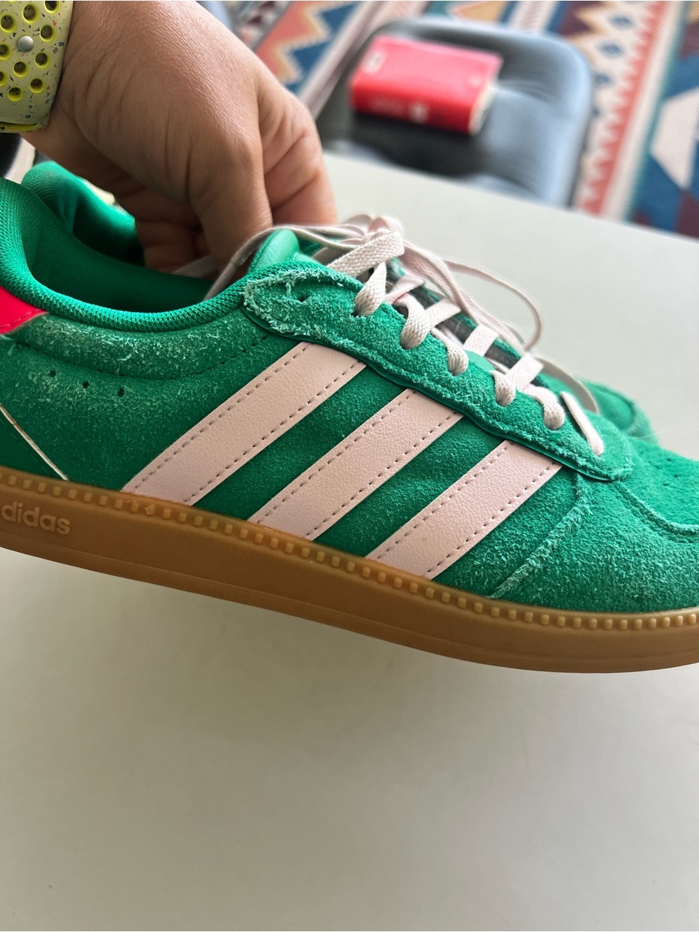 adidas Green Suede Sneakers with Pink Stripes and Gum Sole